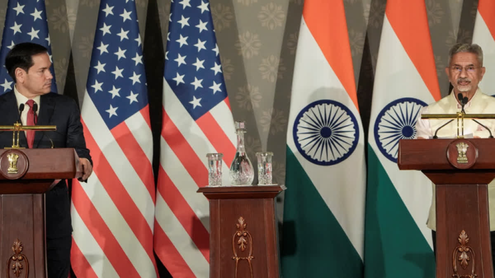 US External Affairs minister Marco Rubio and Indian External Affairs Minister S. Jaishankar addressing a joint press conference at Hyderabad House in New Delhi, discussing strategic cooperation.