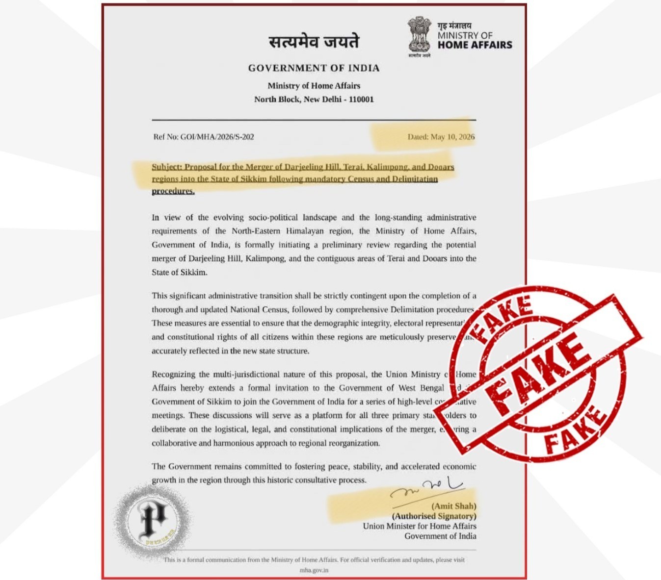 A close-up of a forged Government of India Ministry of Home Affairs document debunked as a fake letter regarding the Darjeeling-Sikkim merger.