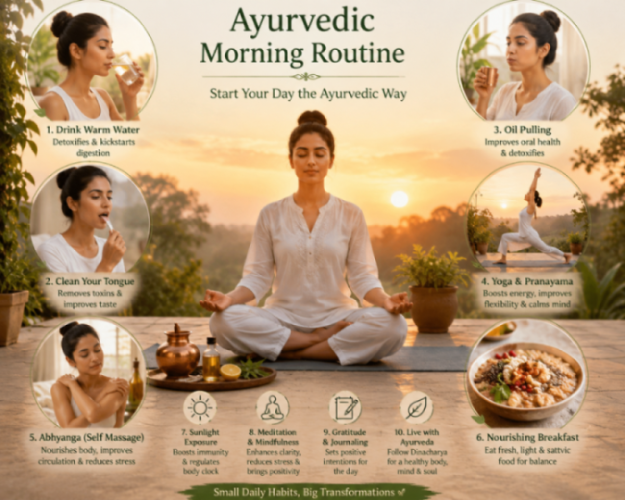 A person practicing Ayurvedic morning rituals including yoga, warm water drinking, meditation, and sunrise wellness routine.