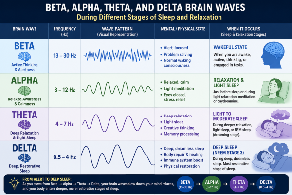Diagram showing Beta, Alpha, Theta, and Delta brain waves during different stages of sleep and relaxation.