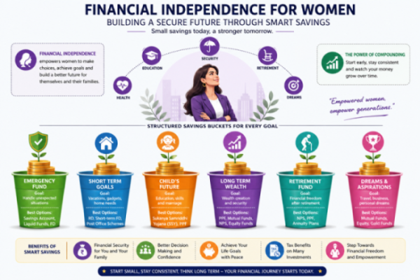 Graphical depiction illustrating financial independence for women through structured savings buckets.