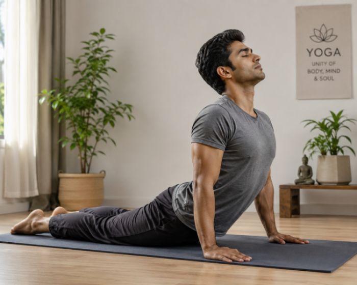 A person practicing Hatha Yoga Cobra pose on a mat for physical flexibility and strength.