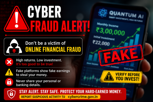 Graphic warning banner illustrating a digital cyber fraud alert over a blurred smartphone screen displaying fake financial data charts.