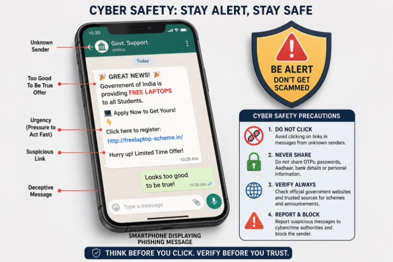 Labeled diagram of a smartphone displaying a deceptive phishing message next to a warning shield, illustrating cyber safety precautions.