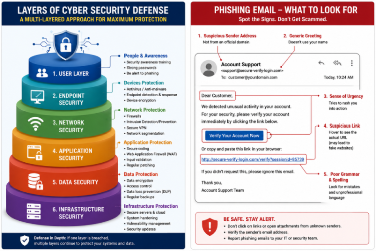 Infographic showing layers of cyber security defense including network and application security," "Diagram of a phishing email showing suspicious links and sender addresses.
