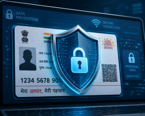 A close-up illustration of a digital shield protecting an identification card document on a secure computer screen, representing online data privacy.