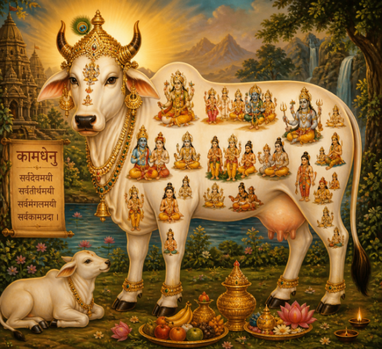 Traditional Indian representation of Kamadhenu