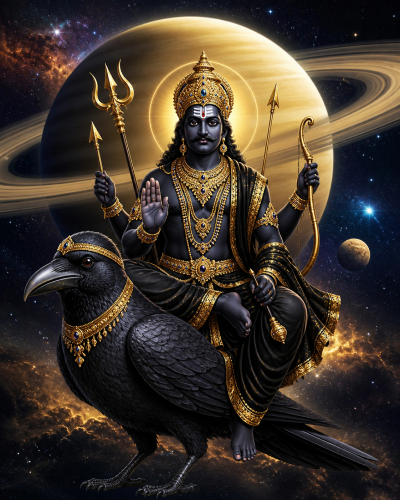 Lord Shani Dev idol with a crown and traditional weapons sitting on a crow, set against a celestial background of the planet Saturn.