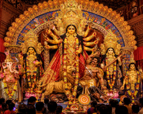Elaborately decorated Goddess Durga idol in a Kolkata Pandal