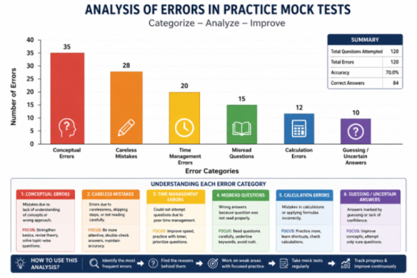 A detailed bar graph illustrating how to categorize and analyze errors in practice mock tests.