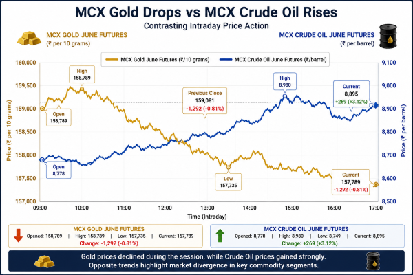 Labeled line chart showing the contrasting intraday price action of MCX Gold dropping vs MCX Crude Oil rising.