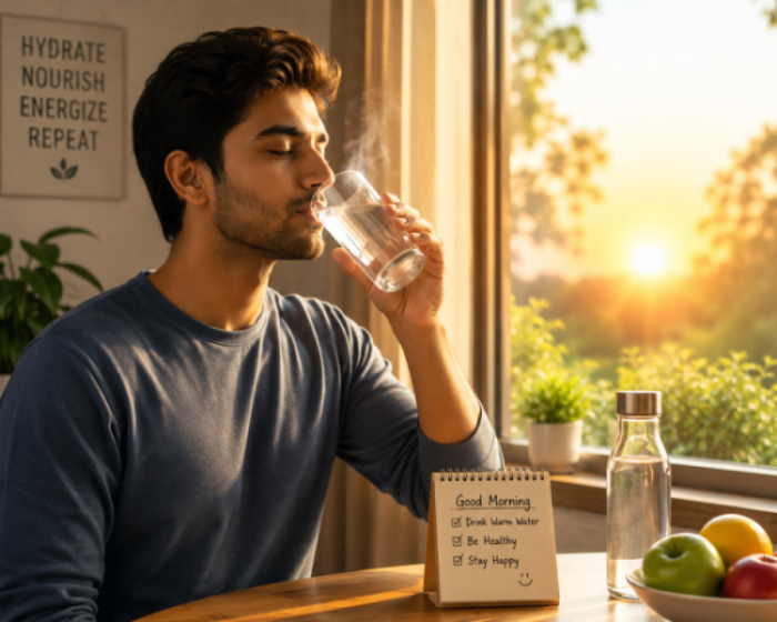 A person starting their day by drinking a glass of warm water near a window with morning sunlight, symbolizing health and hydration.
