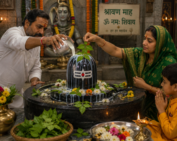 Devotees offering milk and Bel Patra to a Shiva Lingam during Shravan.