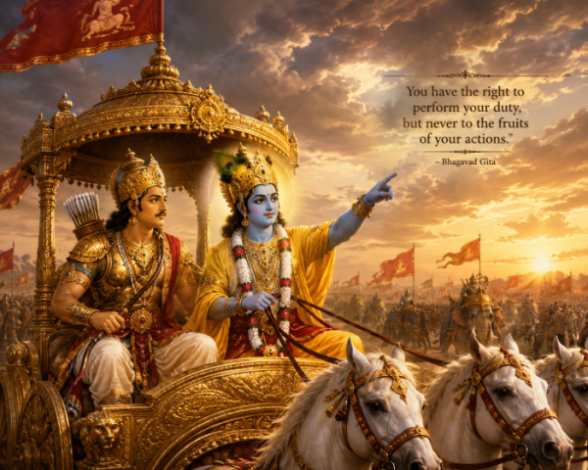 Illustration of Krishna as a Charioteer guiding Arjuna on the battlefield of Kurukshetra, symbolizing mentorship and strategic guidance.