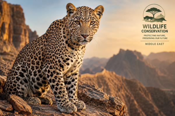 Close-up of an Arabian leopard sitting majestically on a rocky outcrop, highlighting wildlife conservation efforts in the Middle East.