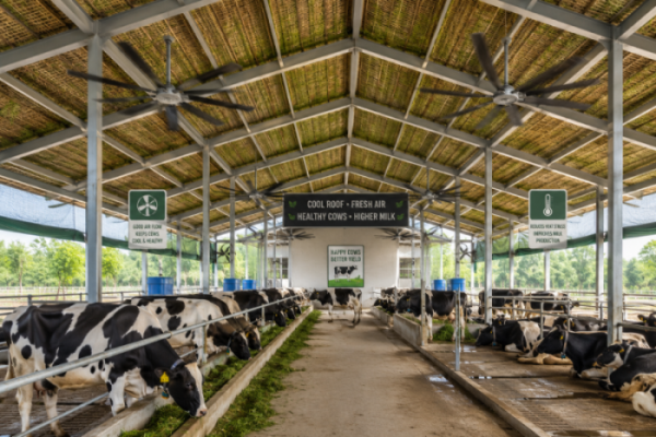 A well-ventilated, modern dairy barn featuring elevated grass-insulated roofing and active industrial ceiling fans keeping cows cool during summer.