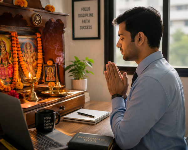 Busy Indian professional performing a simple Hindu morning ritual with diya, incense, and prayer before starting work.
