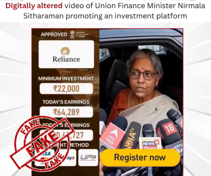 Graphic warning highlighting a deepfake video of India Finance Minister Nirmala Sitharaman used in a fraudulent online investment ad.