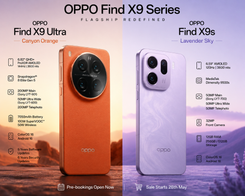 A side-by-side promotional shot displaying the OPPO Find X9 Ultra in Canyon Orange and the Find X9s in Lavender Sky.