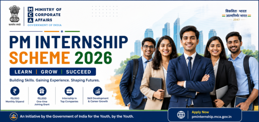 Official banner of the PM Internship Scheme 2026 featuring the Ministry of Corporate Affairs logo and a group of diverse Indian youth in professional attire.