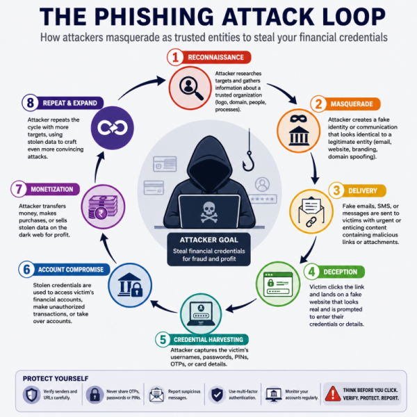 Infographic diagram breaking down a phishing attack loop where an attacker masquerades as a legitimate entity to steal a victim's financial credentials.