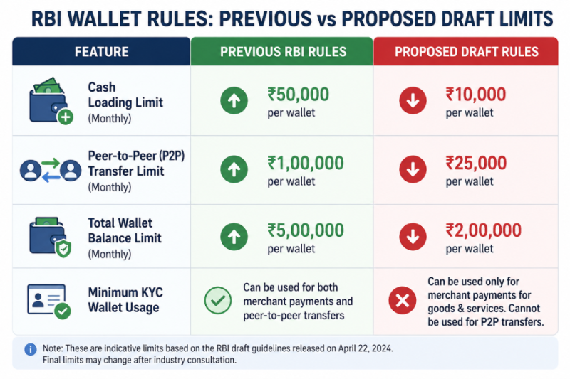 Comparison table showing previous RBI wallet rules vs the stricter proposed draft limits for cash loading and peer-to-peer transfers.