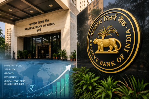 The Reserve Bank of India (RBI) main building entrance in Mumbai, symbolizing Indian monetary policy and macroeconomic stability amid global economic changes in 2026.
