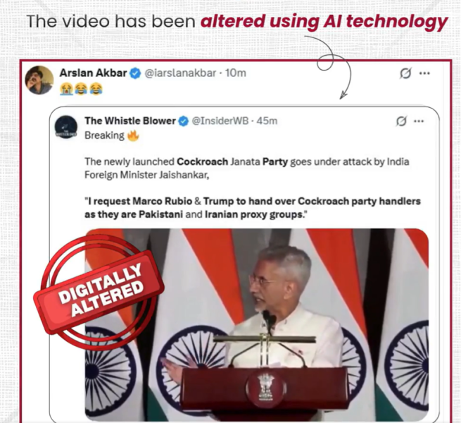 Labeled illustration showing differences between real video pixels and deepfake AI-generated facial artifacts during a press conference.