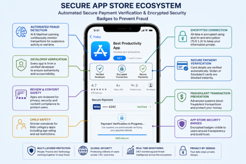 Labeled diagram of a modern smartphone showing automated secure payment verification and encrypted App Store security badges to prevent fraud.