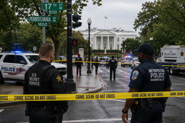 US Secret Service and DC Metropolitan Police cordoning off 17th Street and Pennsylvania Avenue NW with yellow crime scene tape following a shooting incident outside the White House.