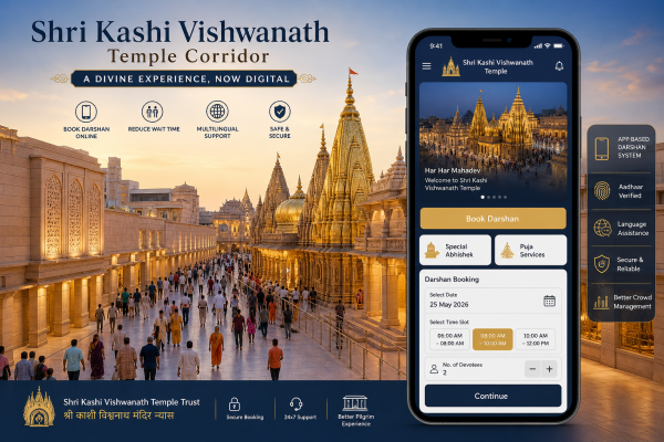 Digital rendering of the Shri Kashi Vishwanath Temple Corridor with a mobile application interface for online darshan booking.