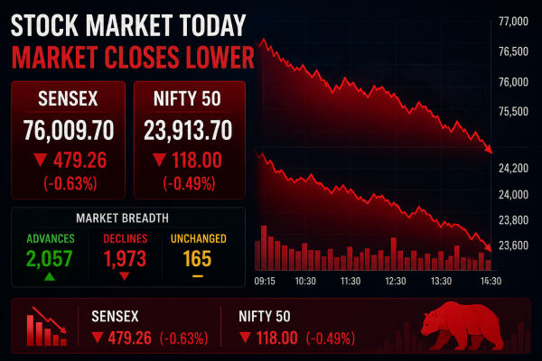 Stock market chart showing a downward trend with red bars representing the Sensex and Nifty decline.