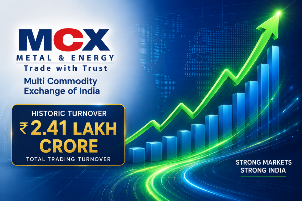 Abstract financial graph showing a sharp upward trend next to the Multi Commodity Exchange (MCX) of India logo, representing the historic 2.41 lakh crore trading turnover.