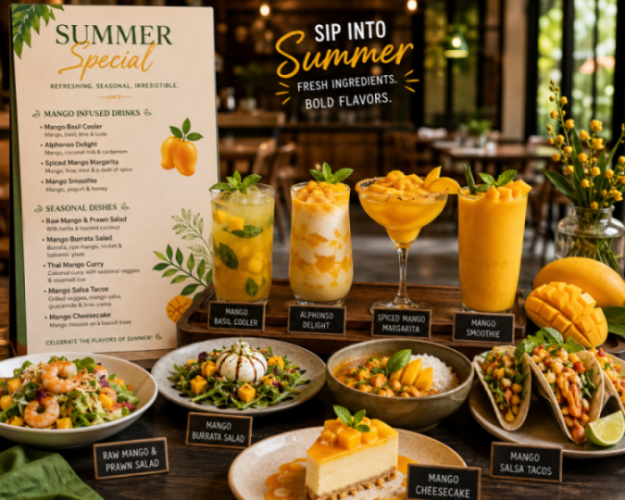 A beautifully curated summer special menu featuring innovative mango-infused drinks and seasonal dishes served in a contemporary restaurant setting.