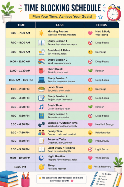 A colorful digital time blocking schedule displaying designated hours for study, breaks, and personal tasks.
