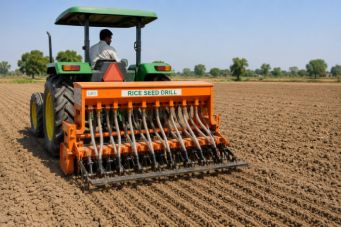 A tractor-mounted seed drill sowing rice seeds directly into a dry field.