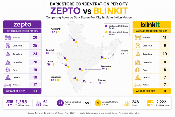 Labeled infographic map comparing dark store concentrations per city for Zepto vs Blinkit in major Indian metros.