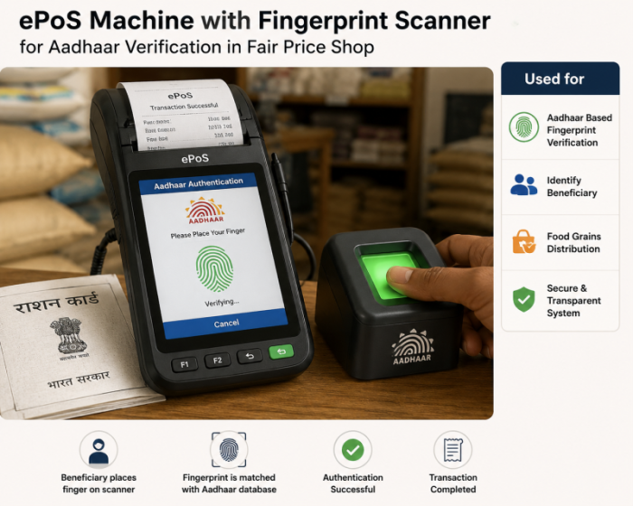 ePoS machine with fingerprint scanner for Aadhaar verification in fair price shop.