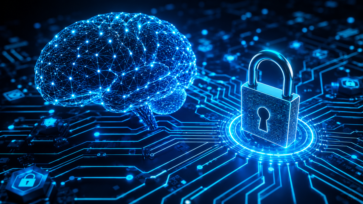 An abstract digital concept of a glowing blue human brain mesh integrated with glowing circuit board pathways and a prominent padlock icon, symbolizing secure AI implementation and data encryption.