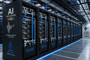 A high-density server rack row inside a modern AI data center in India utilizing advanced direct-to-chip liquid cooling systems for high-performance GPU clusters.