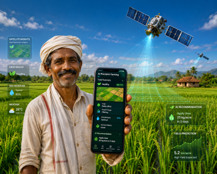 A smallholder Indian farmer holding a smartphone displaying an AI precision farming app in a vibrant green rice field under high-resolution satellite orbits.