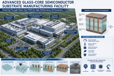 Advanced glass-core semiconductor substrate manufacturing facility layout displaying Through-Glass Vias for high-performance AI processors