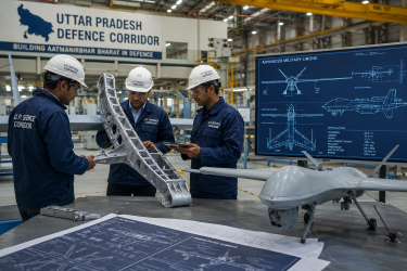 Engineers inspecting structural aerospace components and advanced military drone schematics inside a manufacturing plant within the Uttar Pradesh Defence Corridor.