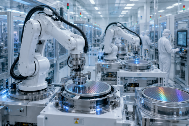 Automated robotic arms processing silicon wafers inside a pristine, highly controlled semiconductor manufacturing cleanroom environment.
