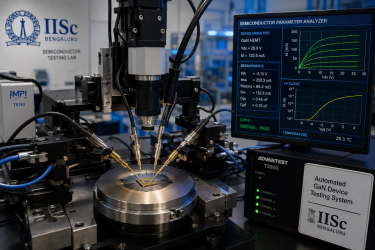 Automated semiconductor testing equipment and diagnostic probes measuring the electrical performance of a Gallium Nitride GaN microchip inside the new IISc Bengaluru laboratory.