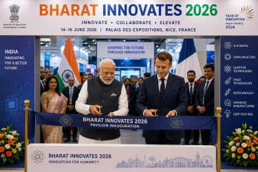 Prime Minister Narendra Modi and President Emmanuel Macron inaugurating the Bharat Innovates 2026 pavilion at the Palais des Expositions in Nice.
