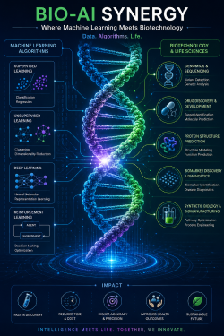 Infographic displaying the intersection of machine learning algorithms and a 3D DNA double helix structure, representing biotechnology and AI.