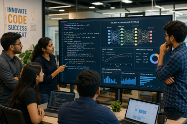 A group of young Indian tech professionals collaborating on an AI development project in a modern software office, looking at data analytics dashboards and machine learning algorithms on a large screen representing growing AI career opportunities in India.