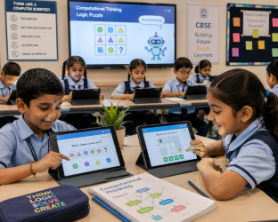 Primary school students in India solving logic puzzles on tablets during a CBSE computational thinking class.