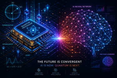 An artistic digital visualization showing a glowing quantum processor circuit intersecting with a complex AI neural network mesh, representing the convergence of artificial intelligence and quantum computing technology.